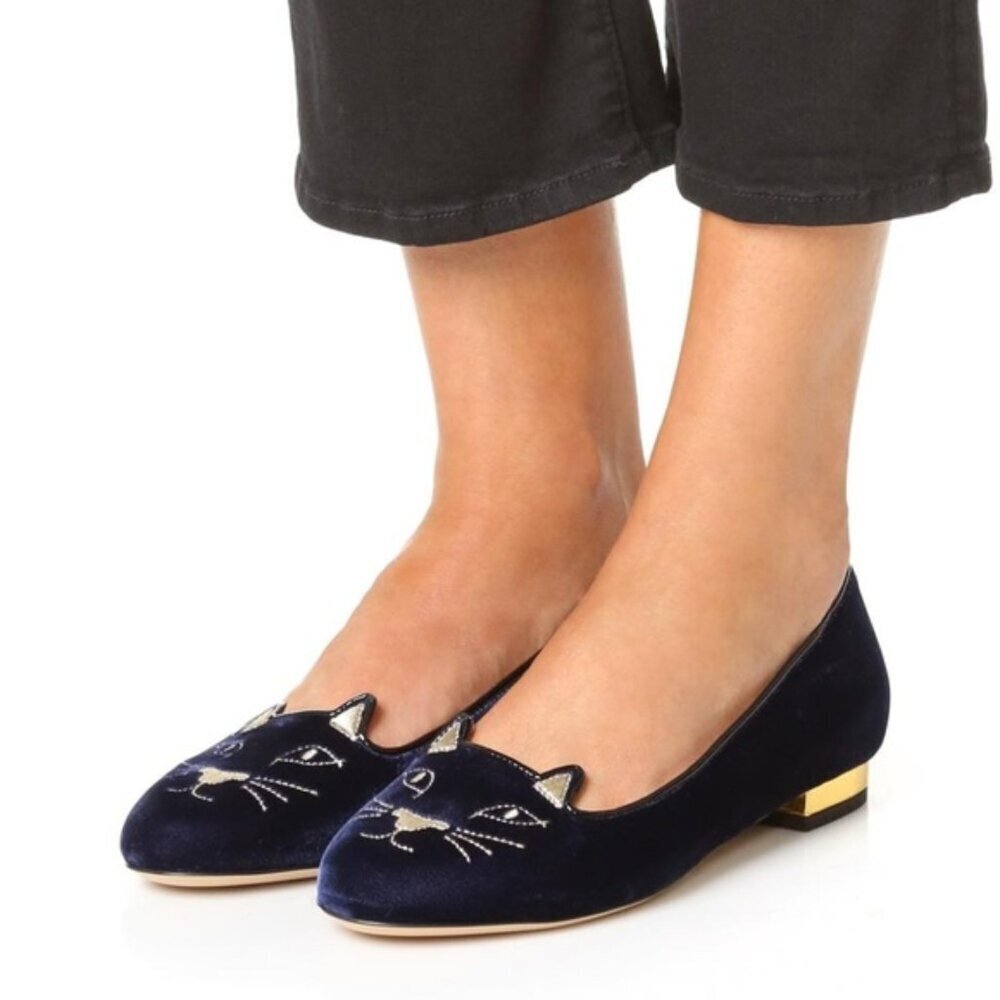 Charlotte Olympia Kitty Cat Purple Velvet Flats Loafers Gold, EU 39 US 8.5-9 - Picture 3 of 13
